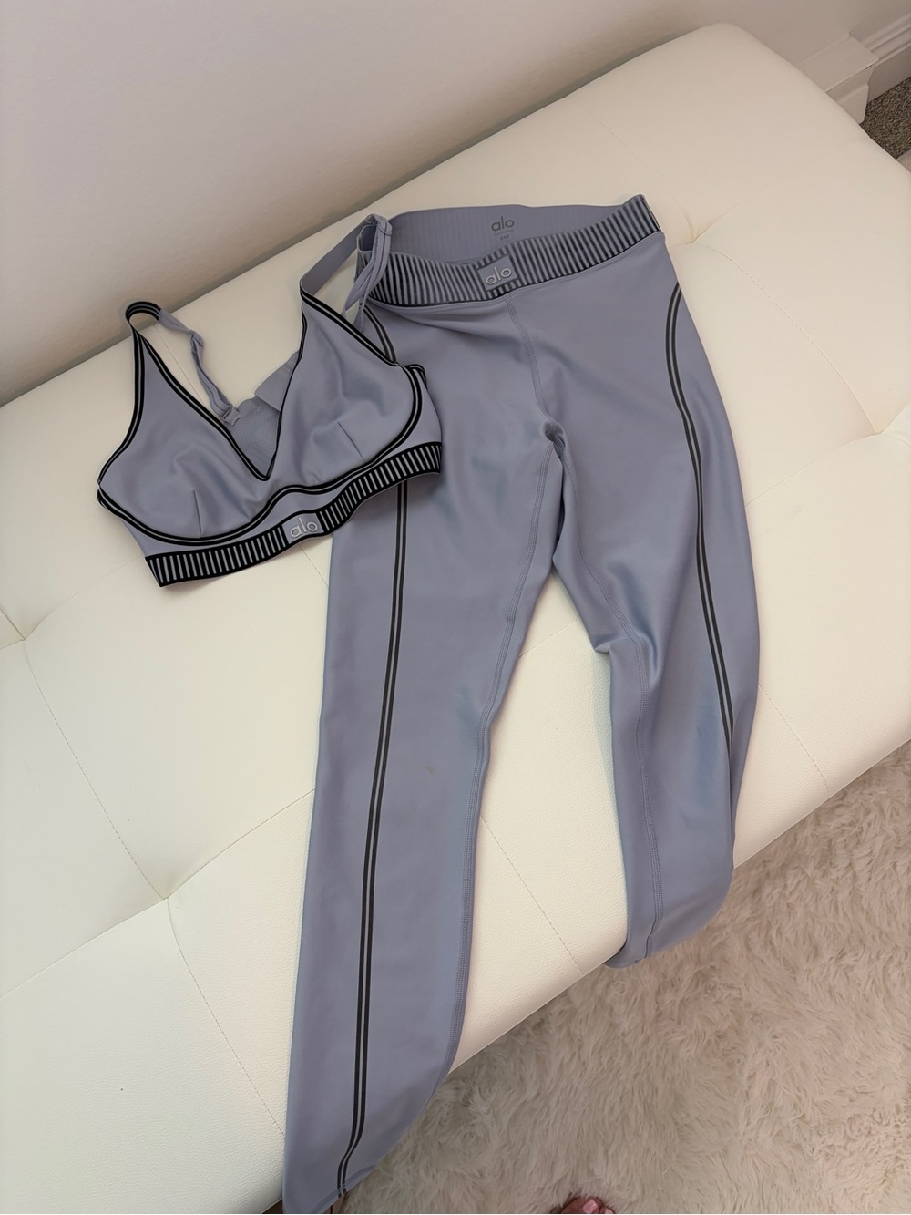 ALO Yoga Dusty Blue Active Legging and Bra Set with Black Piping